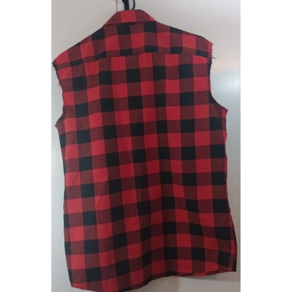 Mens Black Red Buffalo Plaid M Sleeveless Flannel Shirt Retro Y2k 90s Streetwear - Picture 2 of 9
